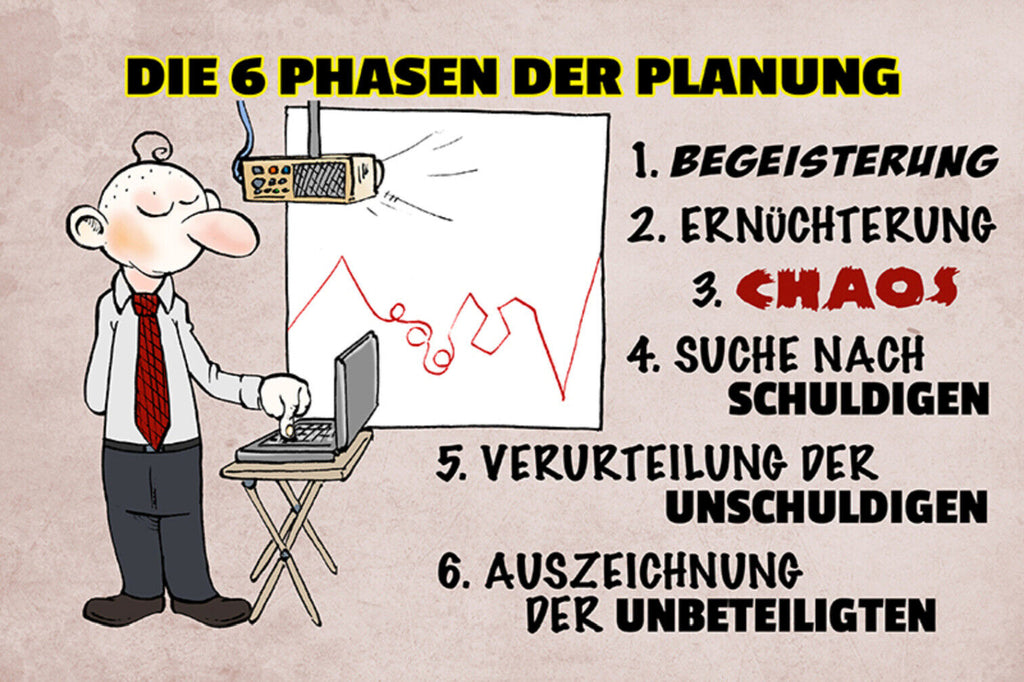 Schild Spruch Die 6 Phasen der Planung Begeisterung Chaos Büro JW