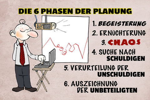 Schild Spruch Die 6 Phasen der Planung Begeisterung Chaos Büro JW