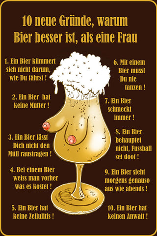 Schild Spruch 10 Gründe warum Bier besser ist als eine Frau Alkohol Party JW