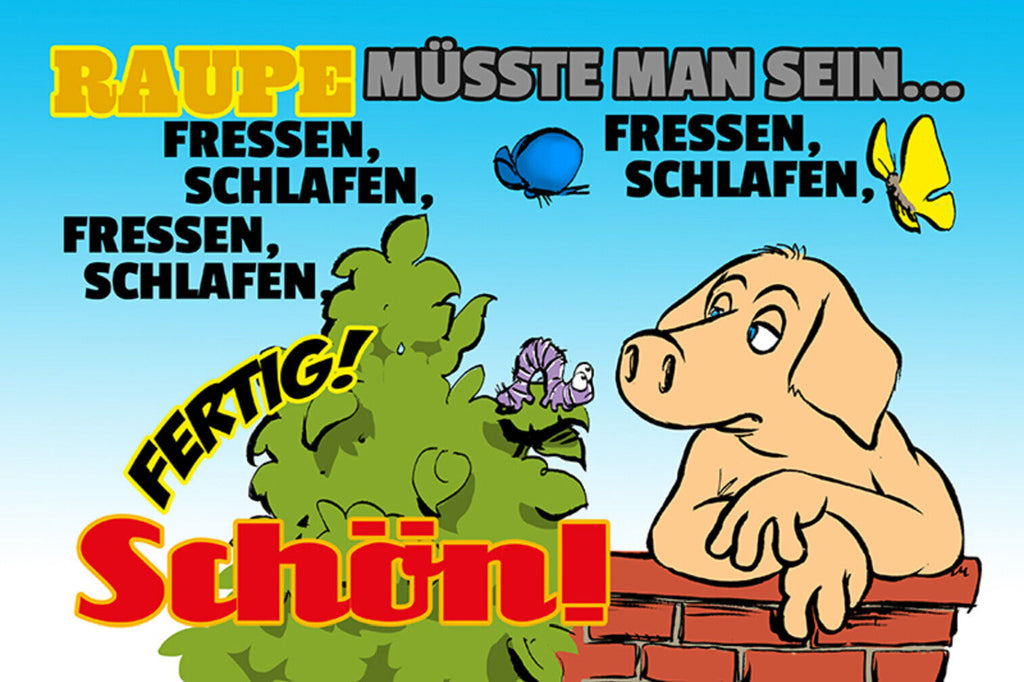 Schild Spruch Raupe müsste man sein Fressen Schlafen Schmetterling Schwein JW