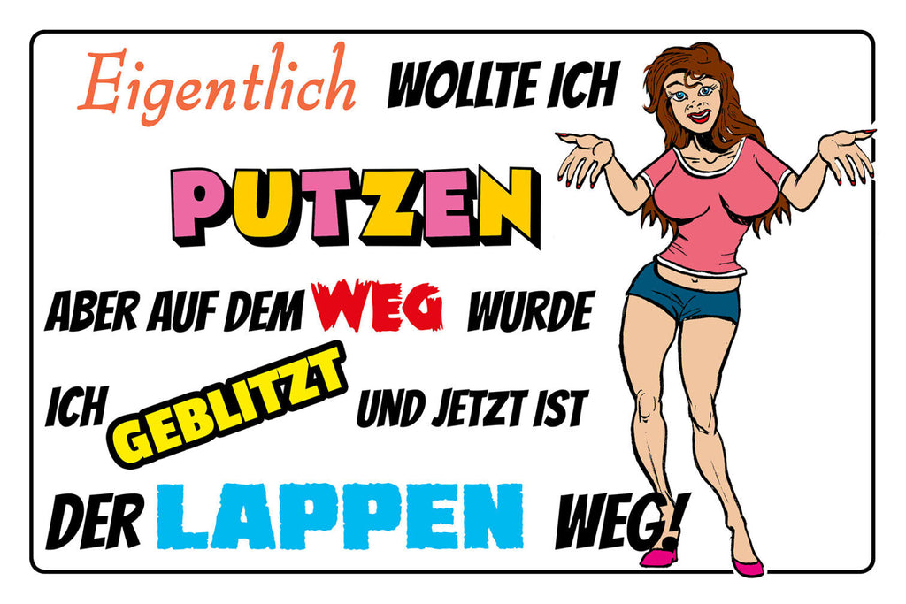 Schild Spruch Eigentlich wollte ich putzen Aber geblitzt Lappen weg Frauen JW