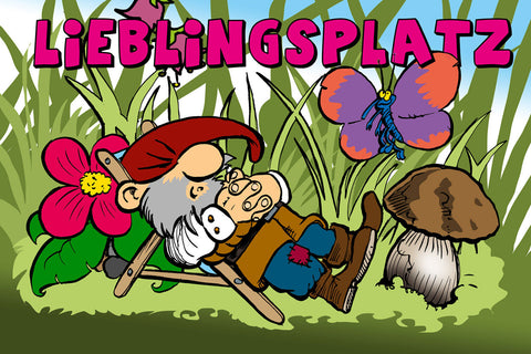 Schild Spruch Lieblingsplatz Gartenzwerg Garten Schmetterling Blumen JW