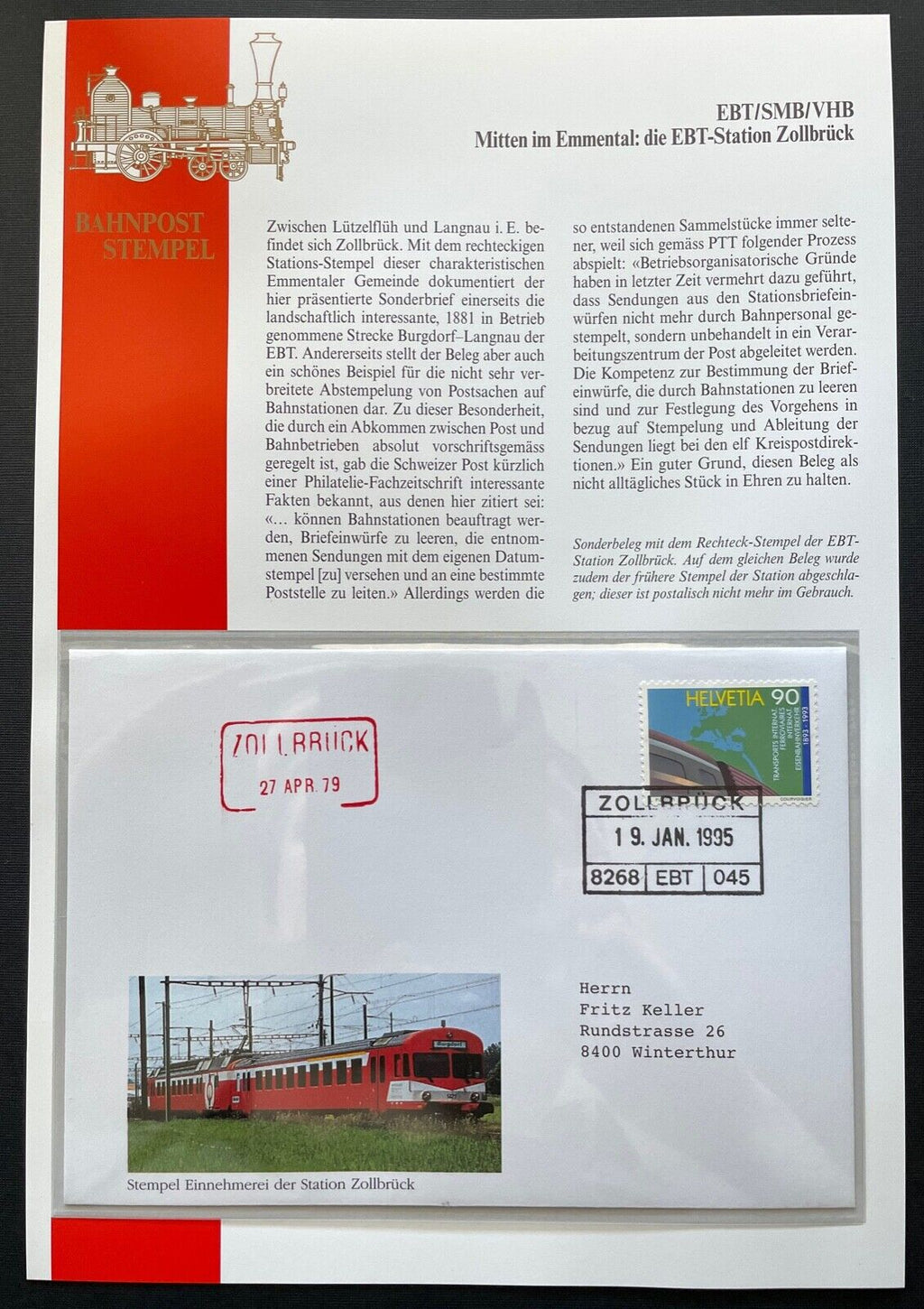 Brief EBT Station Zollbrück Stempel Einnehmerei Schweiz ca.16,1x11,4cm 410333