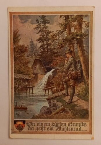 Künstlerkarte Jäger und Mühlenrad 600667A gr