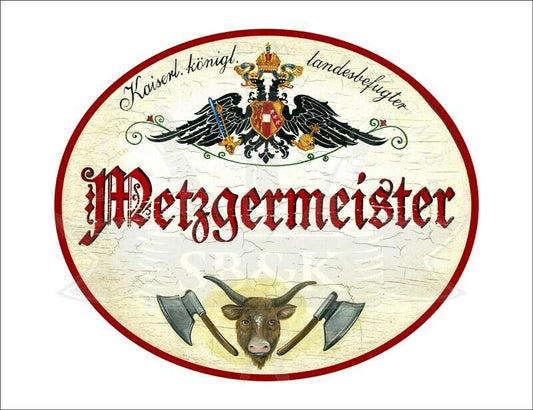 KuK Nostalgie Holzschild - Landesbefugter Metzgermeister -Ochse Fleischerbeil TH