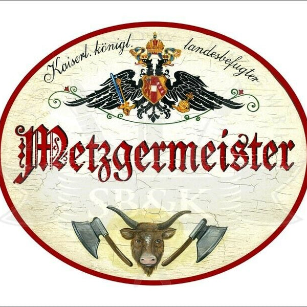KuK Nostalgie Holzschild - Landesbefugter Metzgermeister -Ochse Fleischerbeil TH