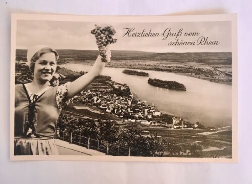 AK, Grußkarte, Rhein, Frau, Trauben, Rüdesheim (110227 Baw)