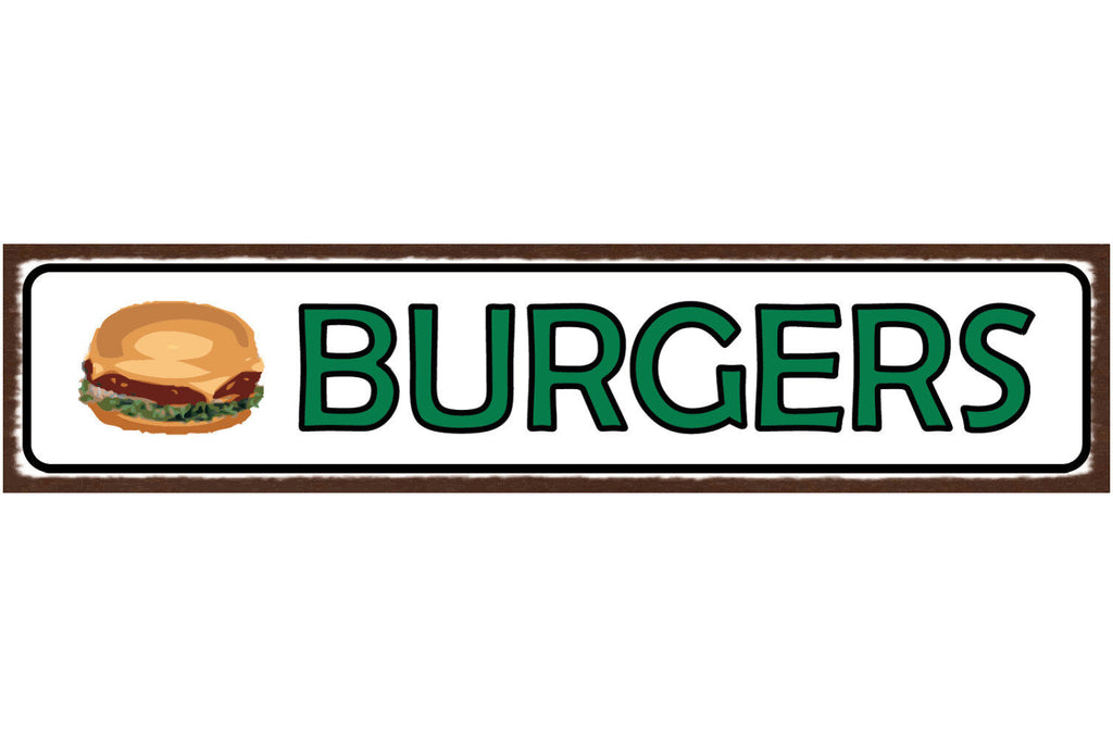 Schild Burgers Fast Food Restaurant Hamburger Grill 46 x 10 Blech od. Holz