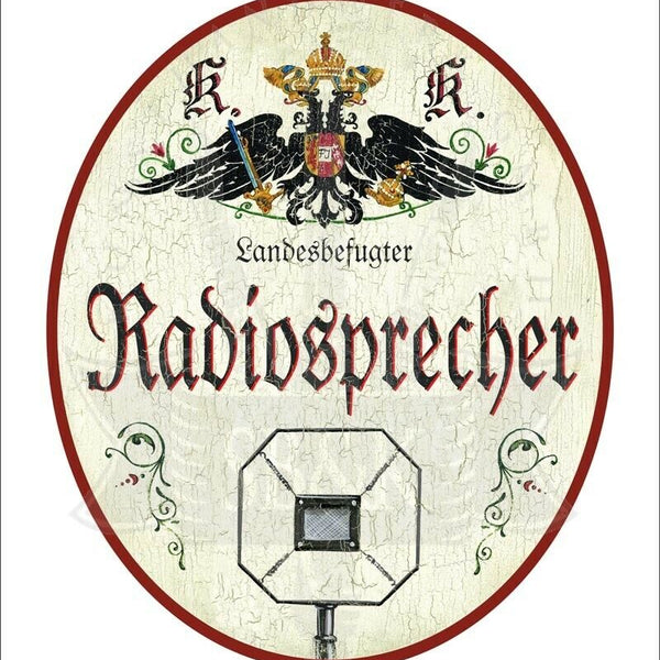 KuK Nostalgie Holzschild - Landesbefugter Radiosprecher - Mikrofon TH