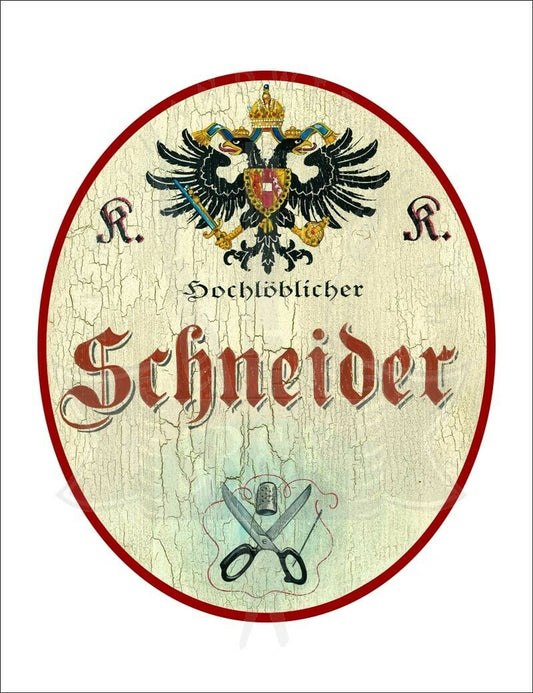 KuK Nostalgie Holzschild - Hochlöblicher Schneider - Schere Fingerhut TH