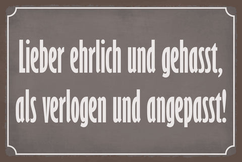 Schild Ehrlich Hass Verlogen Angepasst  12x18 / 20x30 / 30x40 Blech od. Holz
