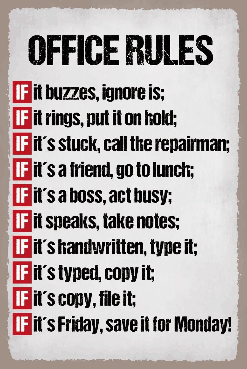 Schild Office Rules Büro Regeln Arbeit 12x18 / 20x30 / 30x40 Blech od. Holz