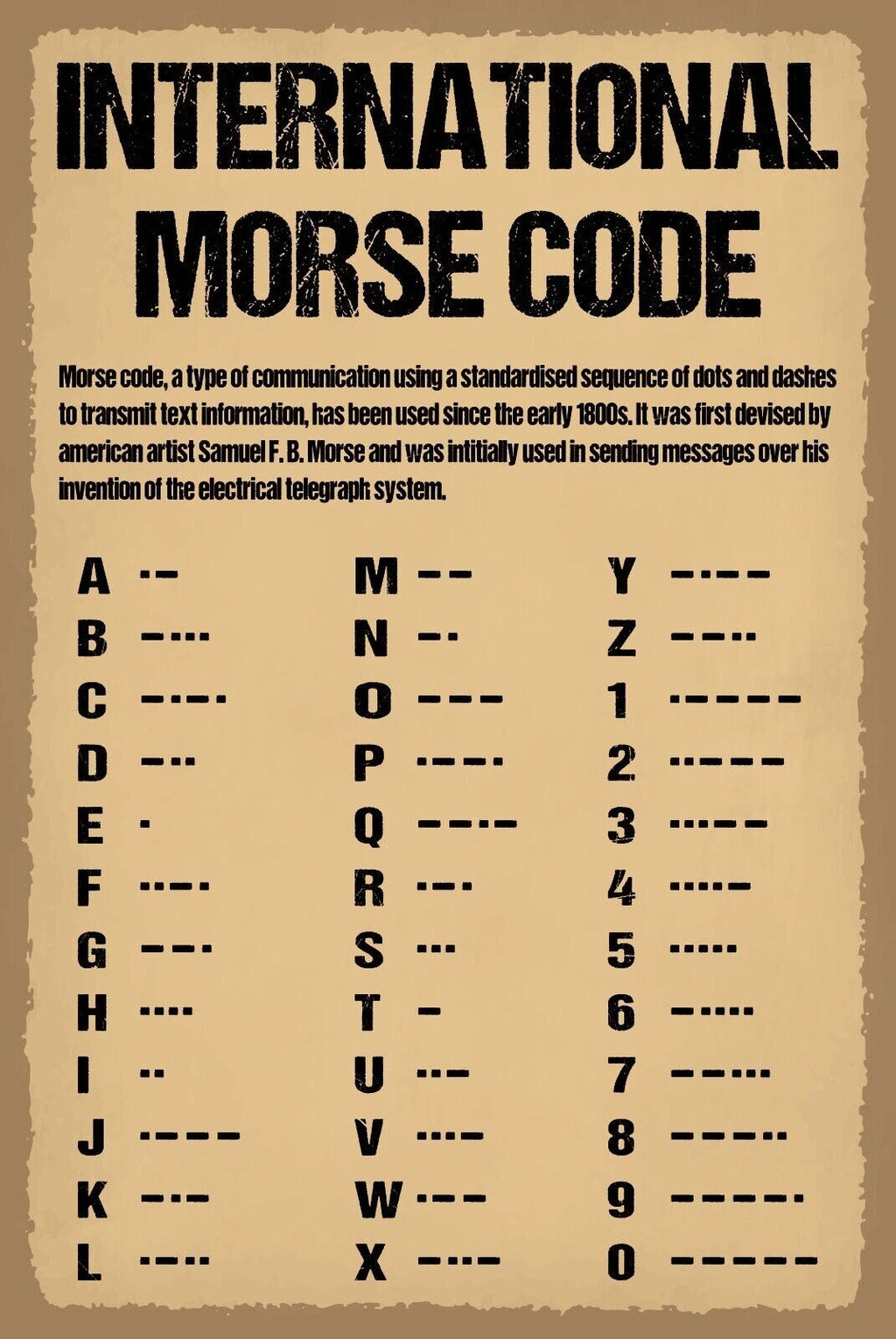 Schild Morse Code Morsezeichen Telegraphen 12x18 / 20x30 / 30x40 Blech od. Holz