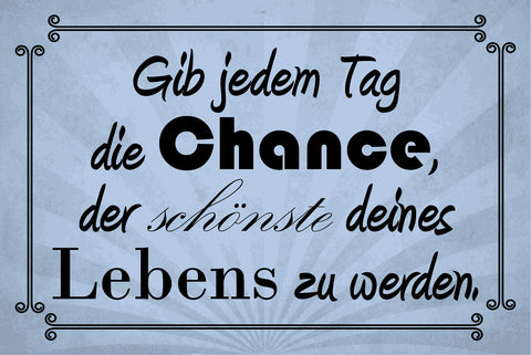 Schild Jeder Tag Chance Leben Freude Schön 12x18 / 20x30 / 30x40 Blech od. Holz