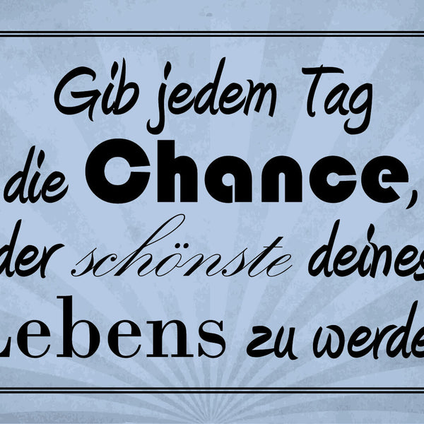 Schild Jeder Tag Chance Leben Freude Schön 12x18 / 20x30 / 30x40 Blech od. Holz