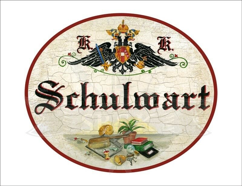 KuK Nostalgie Holzschild - Schulwart - Kehrschaufel Bücher Pflanze TH