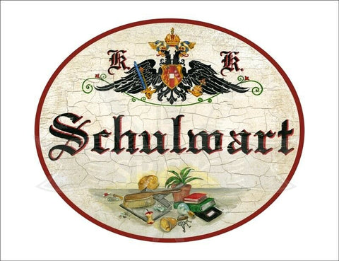KuK Nostalgie Holzschild - Schulwart - Kehrschaufel Bücher Pflanze TH
