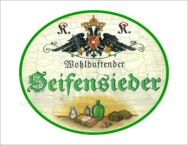 KuK Nostalgie Holzschild - Wohlduftender Seifensieder - Flaschen Öl TH