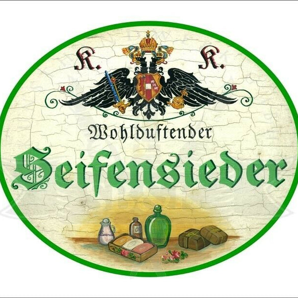 KuK Nostalgie Holzschild - Wohlduftender Seifensieder - Flaschen Öl TH