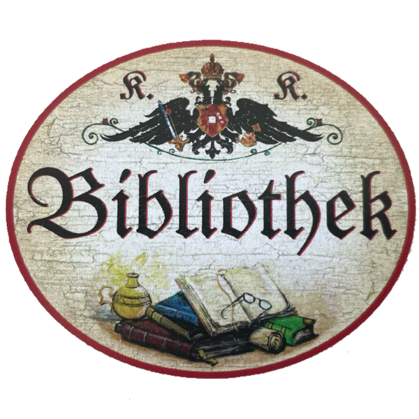 KuK Nostalgie Holzschild “Bibliothek“ Buch Bücher Brille
