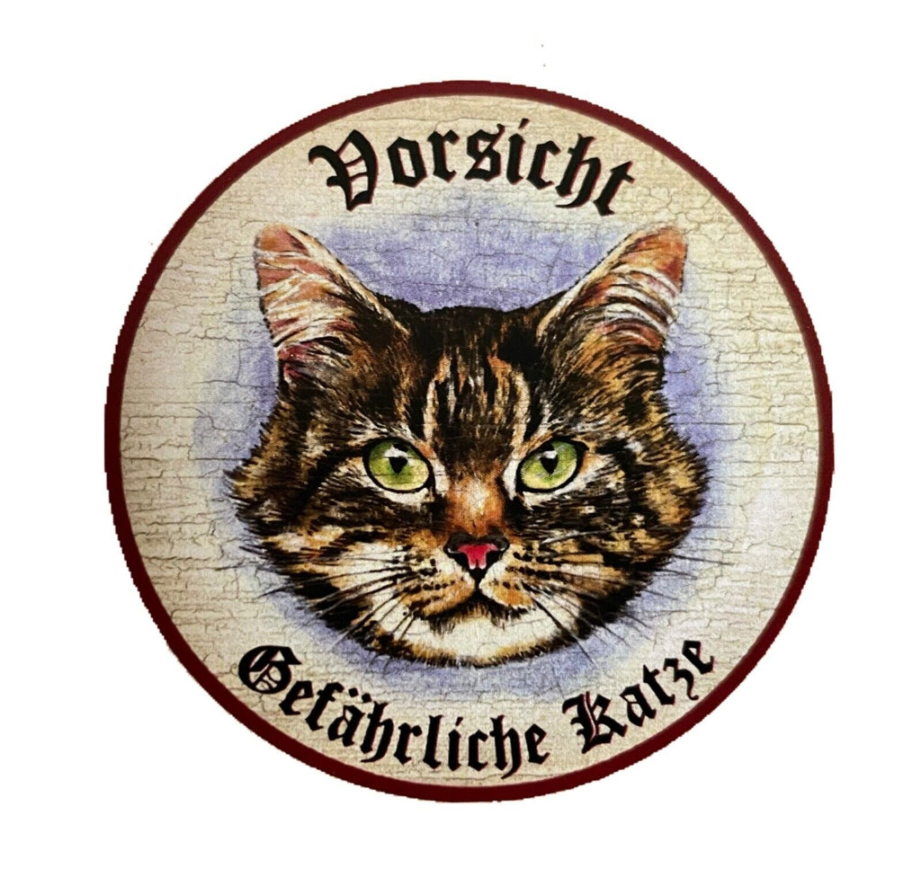 KuK Nostalgie Holzschild "Vorsicht Gefährliche Katze“ Tabby Getigert