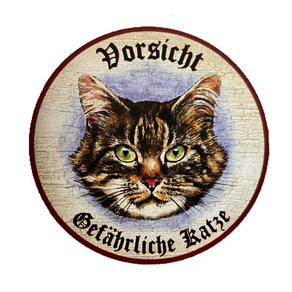 KuK Nostalgie Holzschild "Vorsicht Gefährliche Katze“ Tabby Getigert