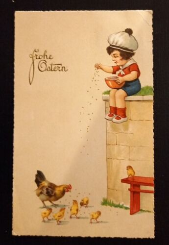 Frohe Ostern Kind Füttert Kücken Und Henne 600774A Ga G