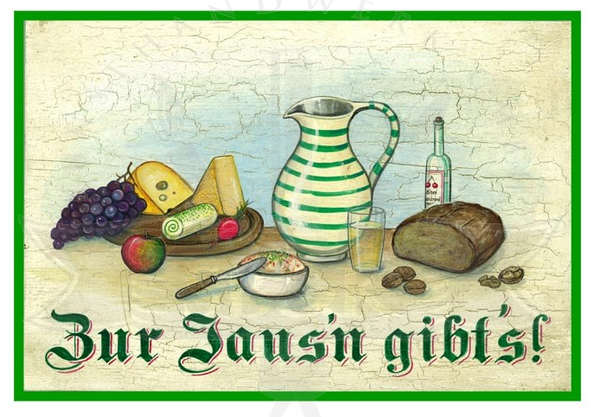 KuK Nostalgie Holzschild Zur Jause gibts Käse und Brot