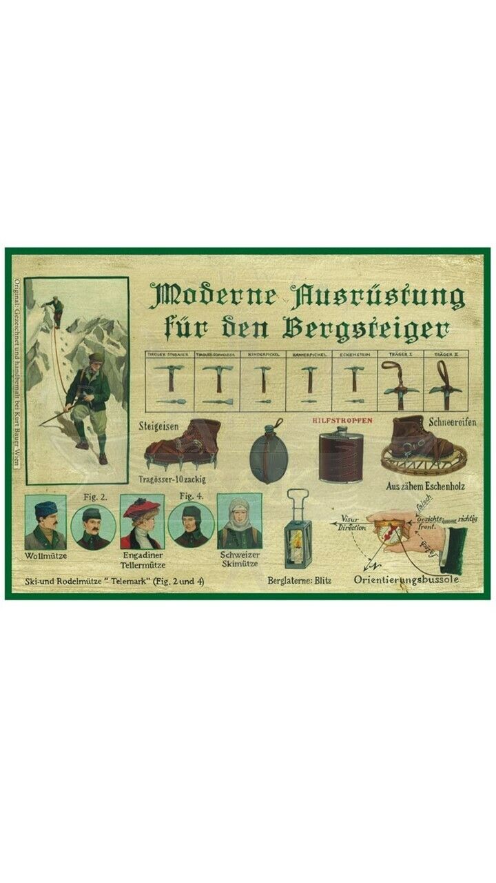 KuK Nostalgie Holzschild "Moderne Ausrüstung für den Bergsteiger"