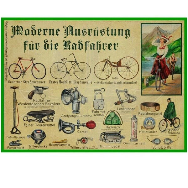 KuK Nostalgie Holzschild "Moderne Ausrüstung für die Radfahrer"