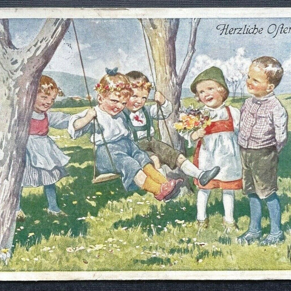 Herzliche Ostergrüße Kinder Schaukel Tracht Blumen Wiese K.Feiertag 402697 TH