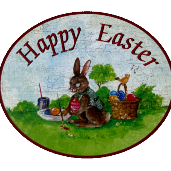 Nostalgie Holzschild Happy Easter Frohe Ostern Osterhase Ostereier Malen Schild