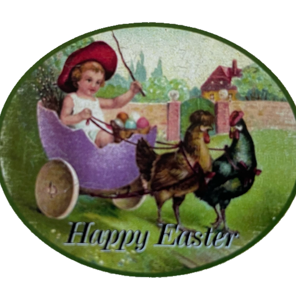 Nostalgie Holzschild Happy Easter Frohe Ostern Osterei Hühner Kind Wagen Schild