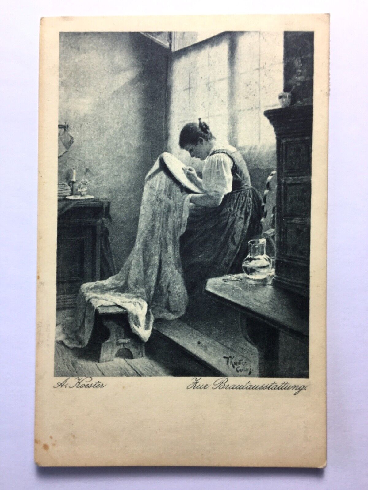 Zur Brautaustattung (A.Koester) - Frau näht Kleid - Künstlerkarte 50019 TH D