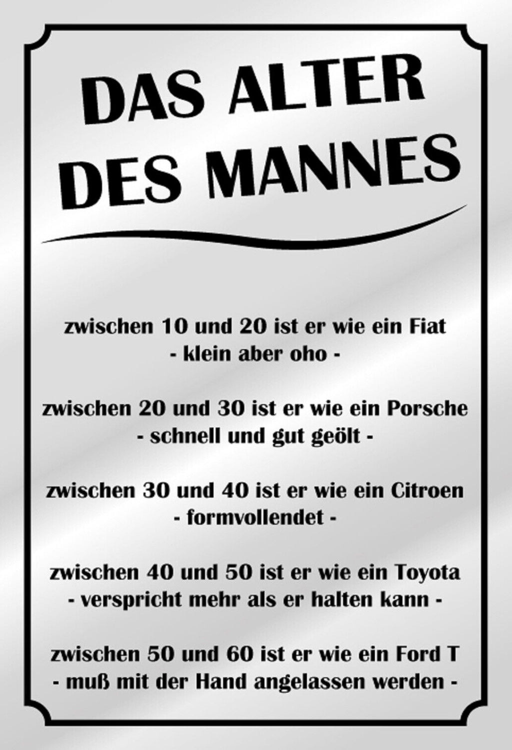 Das Alter des Mannes Spruch Lustig Humor  12x18 / 20x30 / 30x40 Blech od. Holz