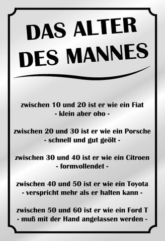Das Alter des Mannes Spruch Lustig Humor  12x18 / 20x30 / 30x40 Blech od. Holz