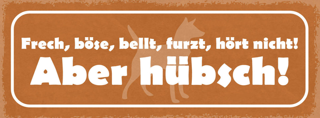 Schild Frech Böse Bellt Furzt Hört Nicht Aber Hübsch Hund 27x10 Blech od.Holz
