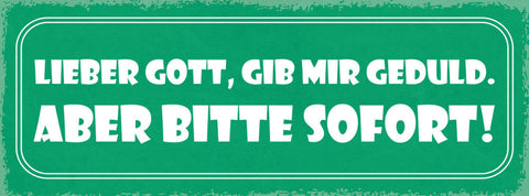 Schild Lieber Gott Gib Mir Geduld Aber Bitte Sofort Wunsch 27x10 Blech od.Holz
