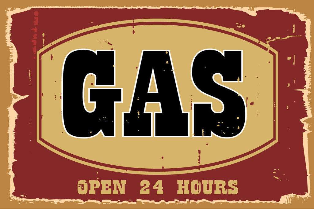 Nostalgie Schild Gas Open 24 Hours Benzin 12x18 / 20x30 / 30x40 Blech od. Holz