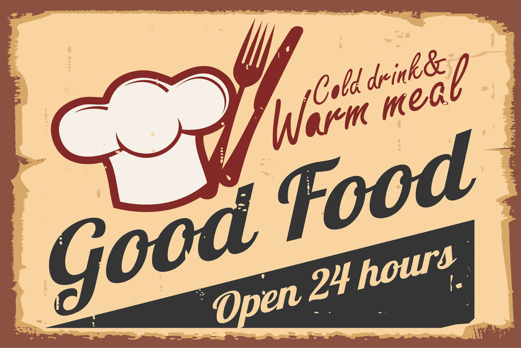 Nostalgie Schild Good Food Open 24 hours 12x18 / 20x30 / 30x40 Blech od. Holz