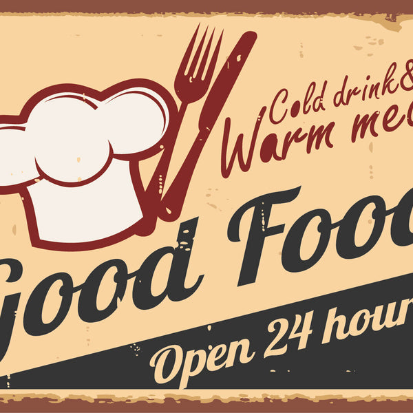 Nostalgie Schild Good Food Open 24 hours 12x18 / 20x30 / 30x40 Blech od. Holz