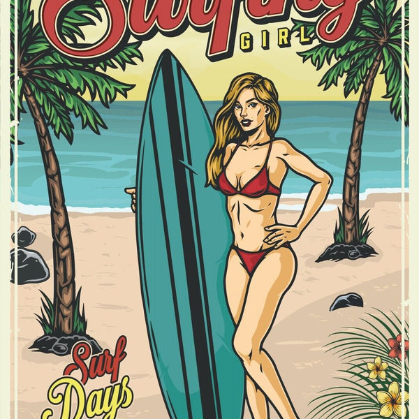 Nostalgie Schild Surfing Girl Surfbrett Frau 12x18 / 20x30 / 30x40 Blech od.Holz