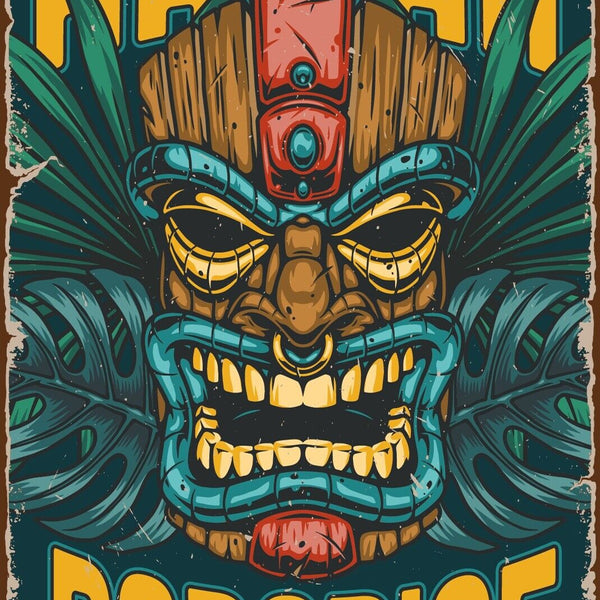 Nostalgie Schild Hawaii Paradise Tiki Maske 12x18 / 20x30 / 30x40 Blech od. Holz