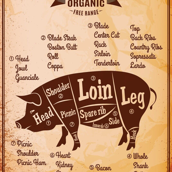 Nostalgie Schild Pork Cuts Schwein Diagramm 12x18 / 20x30 / 30x40 Blech od. Holz