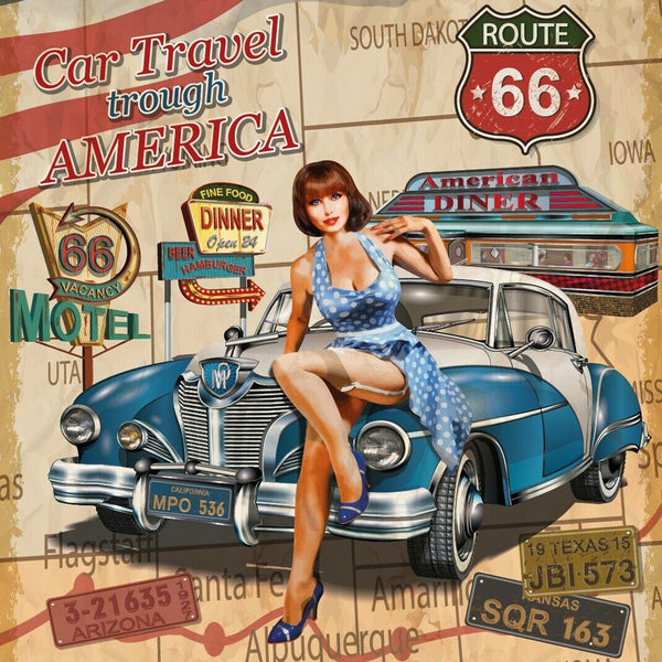 Nostalgie Schild Car Travel USA Route66 Auto 12x18 / 20x30 / 30x40 Blech od.Holz