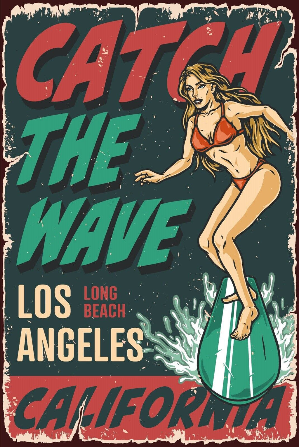 Nostalgie Schild Catch the Wave LA Surfen 12x18 / 20x30 / 30x40 Blech od. Holz