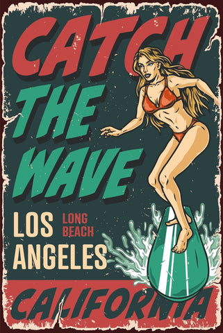 Nostalgie Schild Catch the Wave LA Surfen 12x18 / 20x30 / 30x40 Blech od. Holz