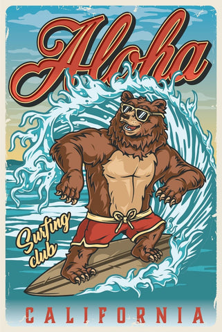 Nostalgie Schild Aloha California Surfen Bär 12x18 / 20x30 / 30x40 Blech od.Holz