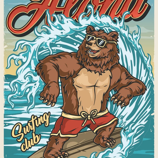 Nostalgie Schild Aloha California Surfen Bär 12x18 / 20x30 / 30x40 Blech od.Holz