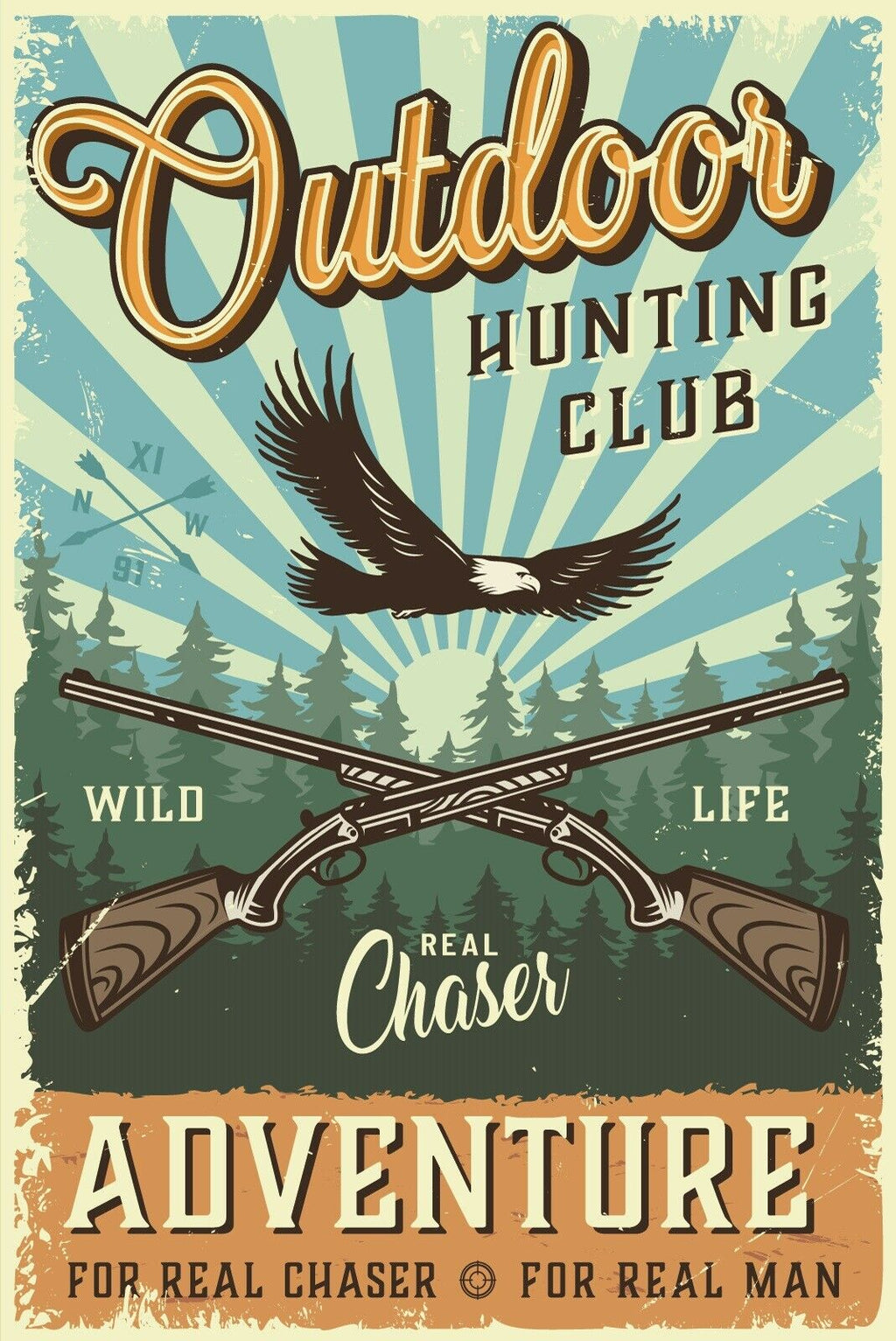 Nostalgie Schild Outdoor Hunting Club Jagd 12x18 / 20x30 / 30x40 Blech od. Holz
